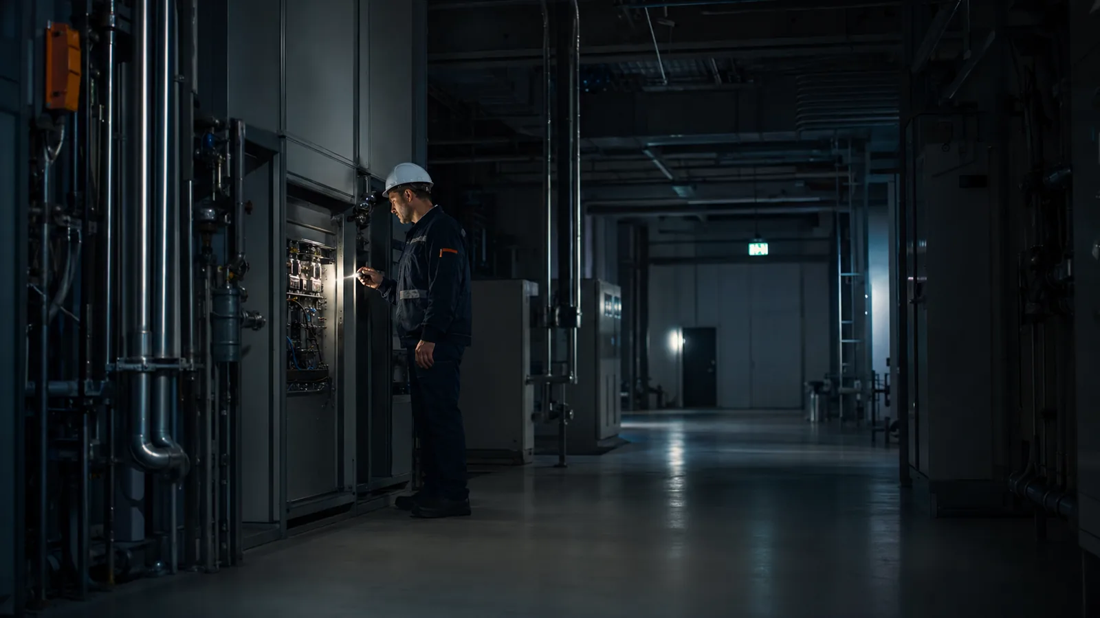 T&eacute;cnico avaliando uma falha em uma instala&ccedil;&atilde;o industrial com pouca luz