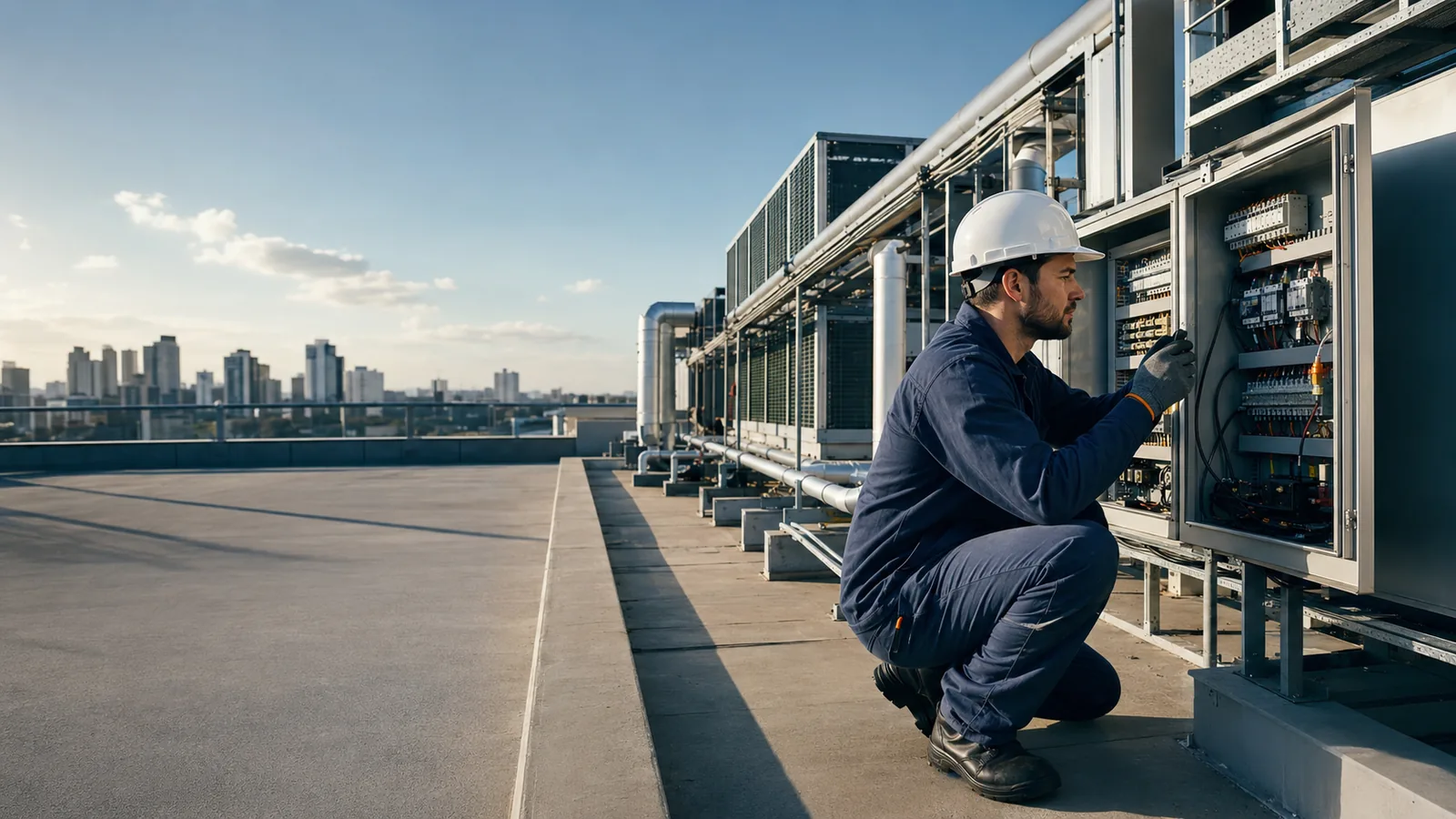 T&eacute;cnico da Fast Repair fazendo manuten&ccedil;&atilde;o predial no rooftop de um edif&iacute;cio corporativo em Curitiba