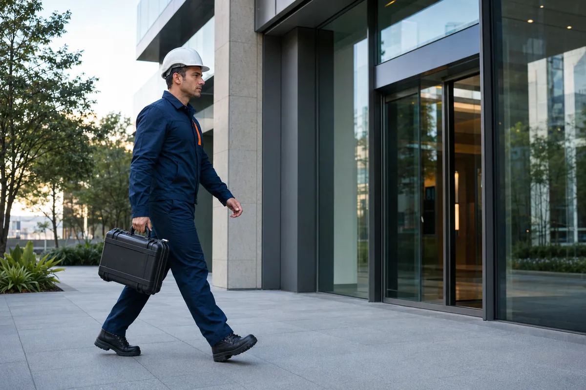 T&eacute;cnico da Fast Repair chegando a um edif&iacute;cio corporativo para atender um chamado